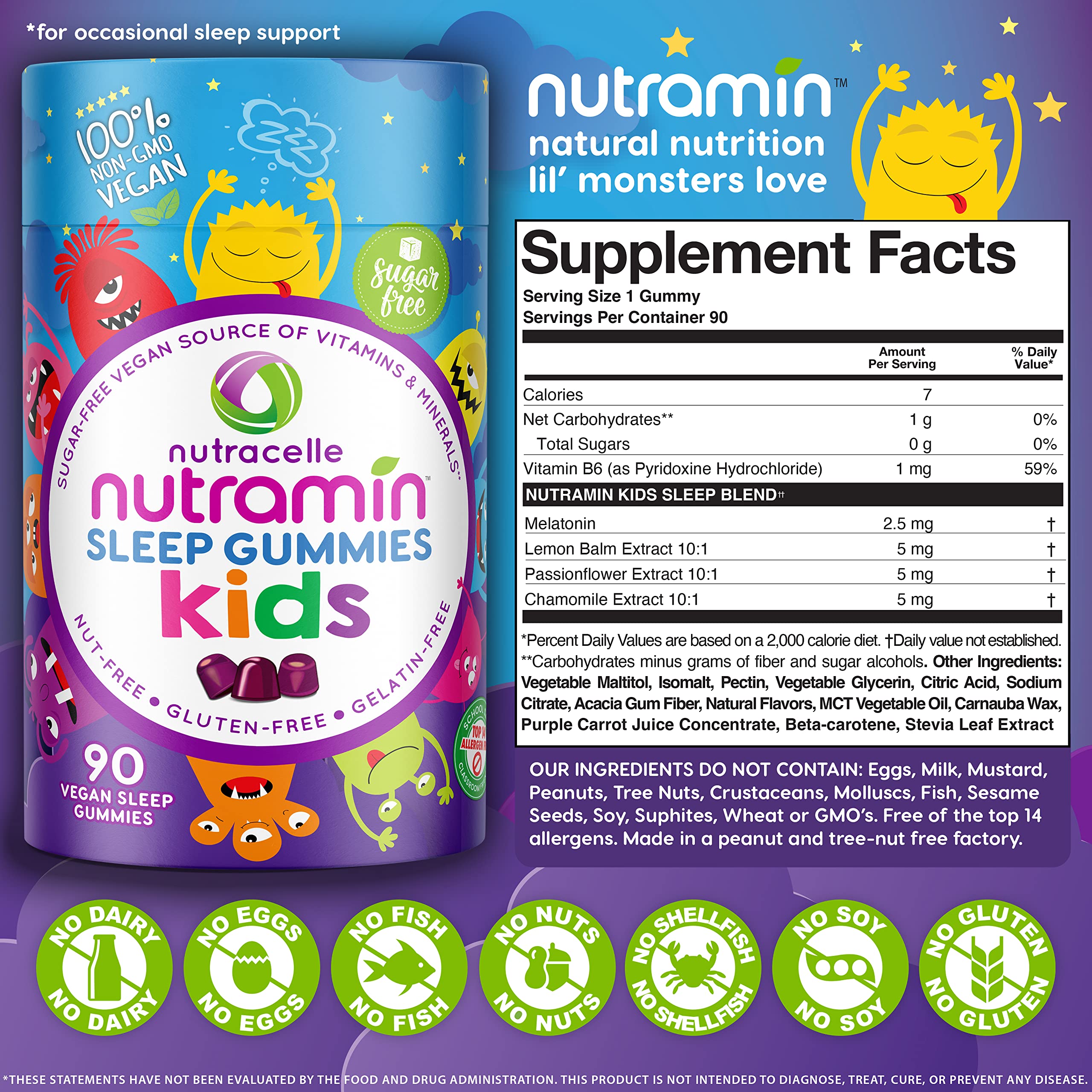 NUTRAMIN Kids Sleep Gummy - Sugar-Free & Vegan - 100% Natural Sleeping Aid with Melatonin Sleep Gummies for Kids - Hypoallergenic, Halal, Kosher, Non GMO - Dark Cherry - 90 Count