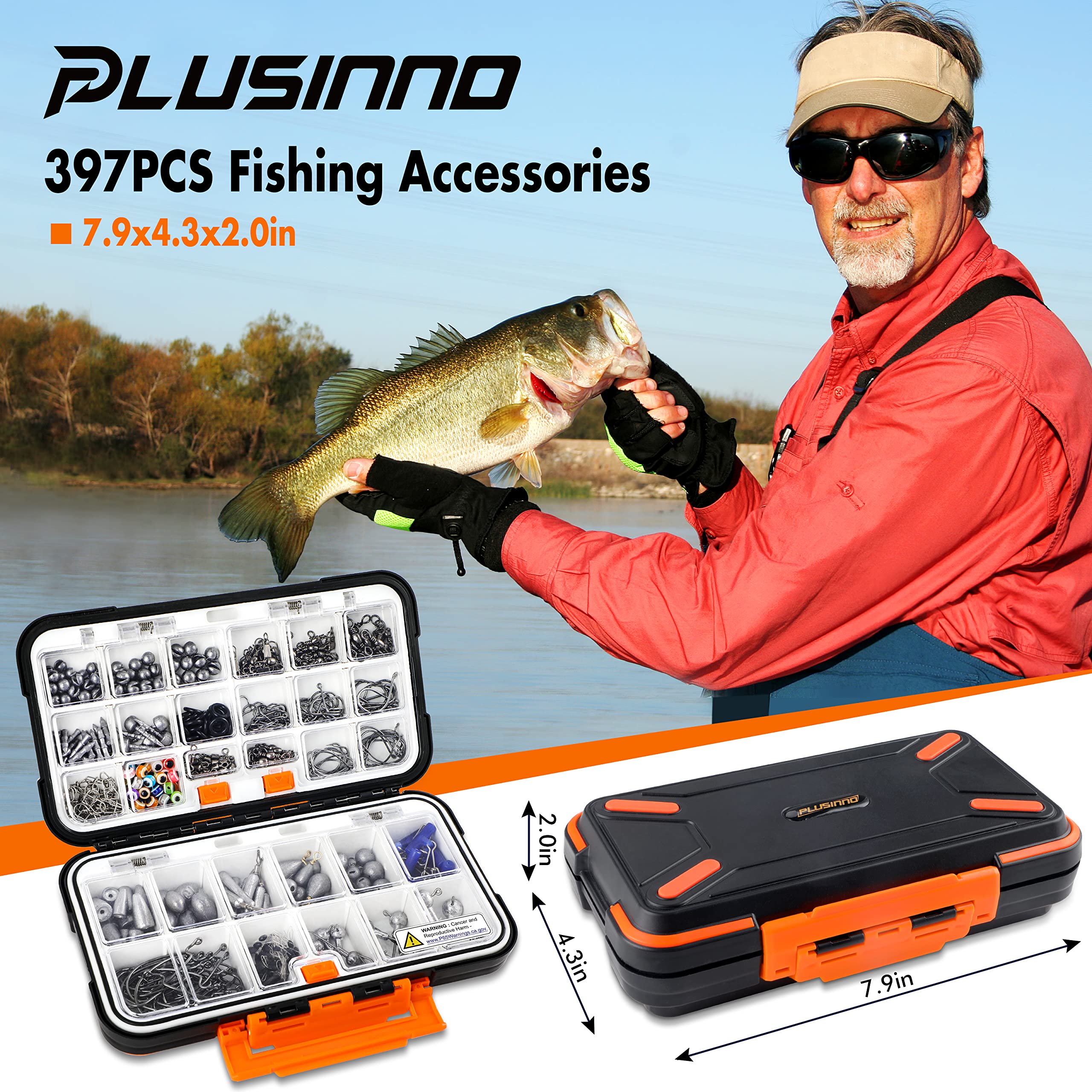 PLUSINNO 397pcs Fishing Accessories Kit, Fishing Tackle Box with Tackle Included, Hooks, Weights, Jig Heads, Swivels Snaps Combined into 12 Rigs, Fishing Gear Equipment for Bass