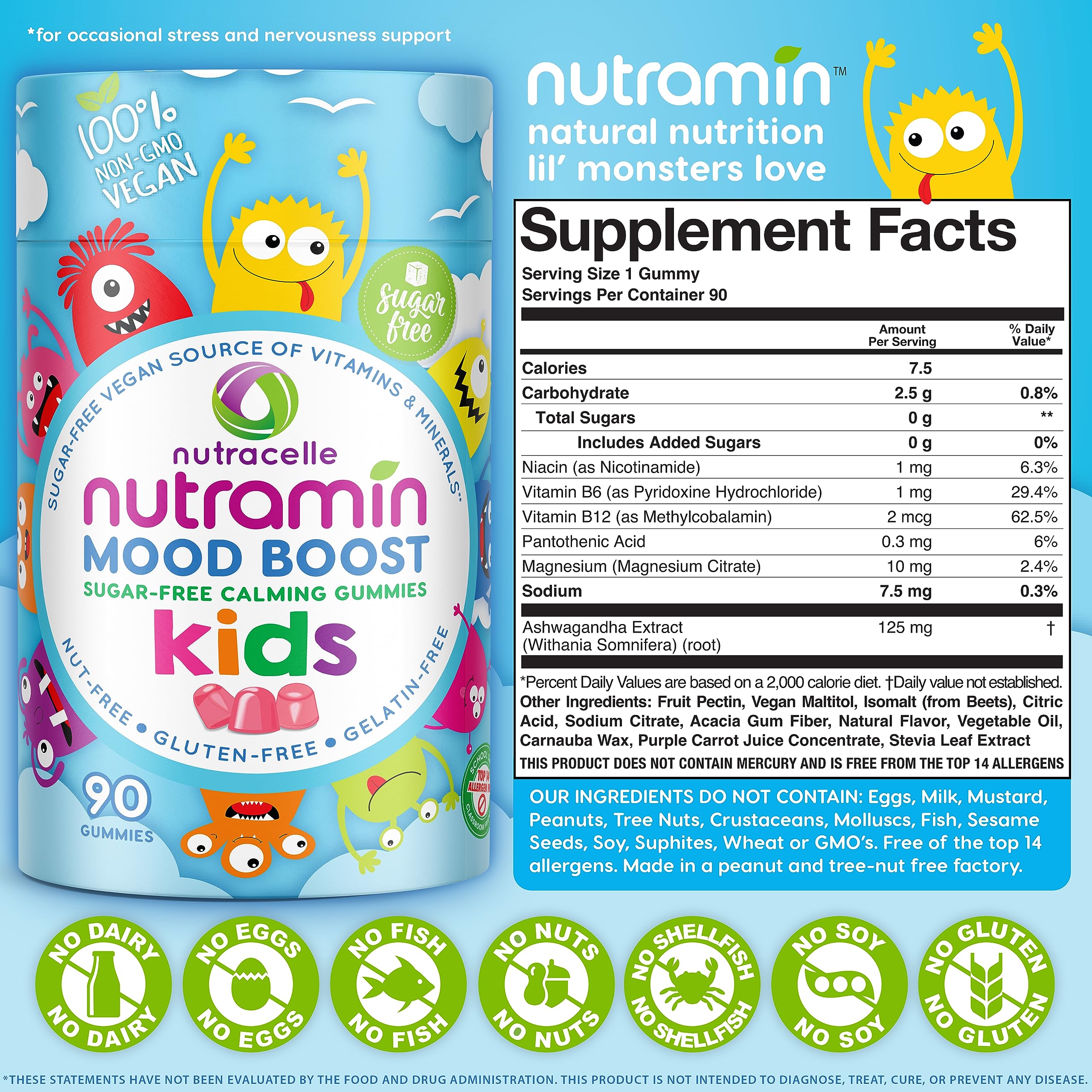 NUTRAMIN Kids Mood Boost Vitamin Gummy: The Yummy and Calm Magnesium Citrate Supplement for Children with Ashwagandha & Vitamin B Complex Anti-Stress Blend - Sugar-Free, Allergy-Safe, Vegan 90 ct