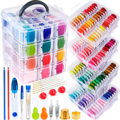 262 Pack Embroidery Thread Floss Kit Including 200 Colors 8 M/Pcs Cross Stitch Sewing Thread with Floss Bins and 62 Pcs Cross Stitch Tool,4-Tier Transparent Storage Box