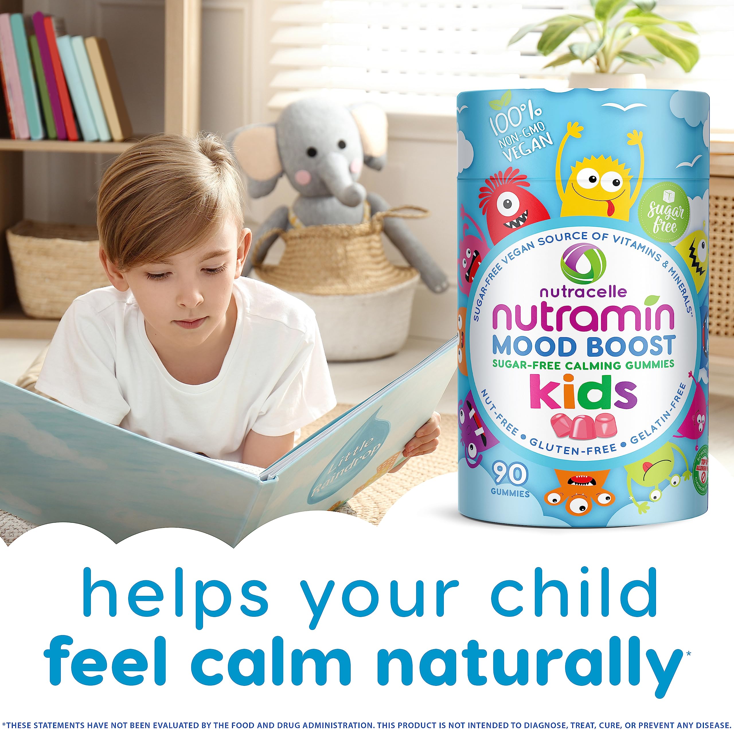 NUTRAMIN Kids Mood Boost Vitamin Gummy: The Yummy and Calm Magnesium Citrate Supplement for Children with Ashwagandha & Vitamin B Complex Anti-Stress Blend - Sugar-Free, Allergy-Safe, Vegan 90 ct