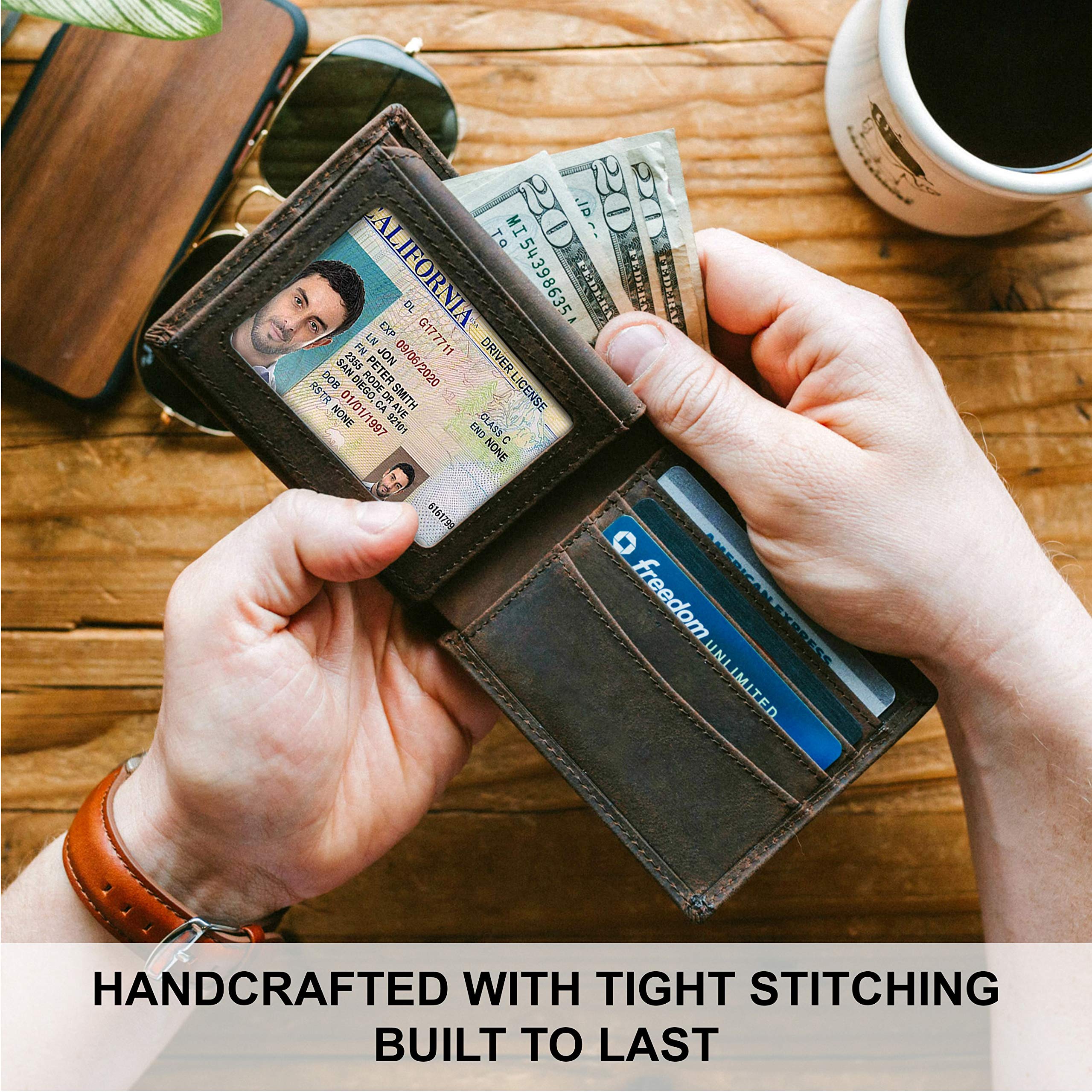 STAY FINE Top Grain Leather Wallet for Men | RFID Blocking | Bifold, Extra Capacity with 2 ID Windows | Ultra Strong Stitching | Slim Billfold with 8 Card Slots | Gift for Him