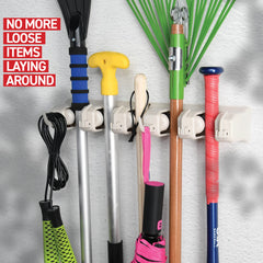 HOME IT Mop And Broom Holder - Garage Storage Systems with 5 Slots, 6 Hooks, 7.5lbs Capacity Per Slot - Garden Tool Organizer For 11 Tools - For Home, Kitchen, Closet, Laundry Room - Off-White