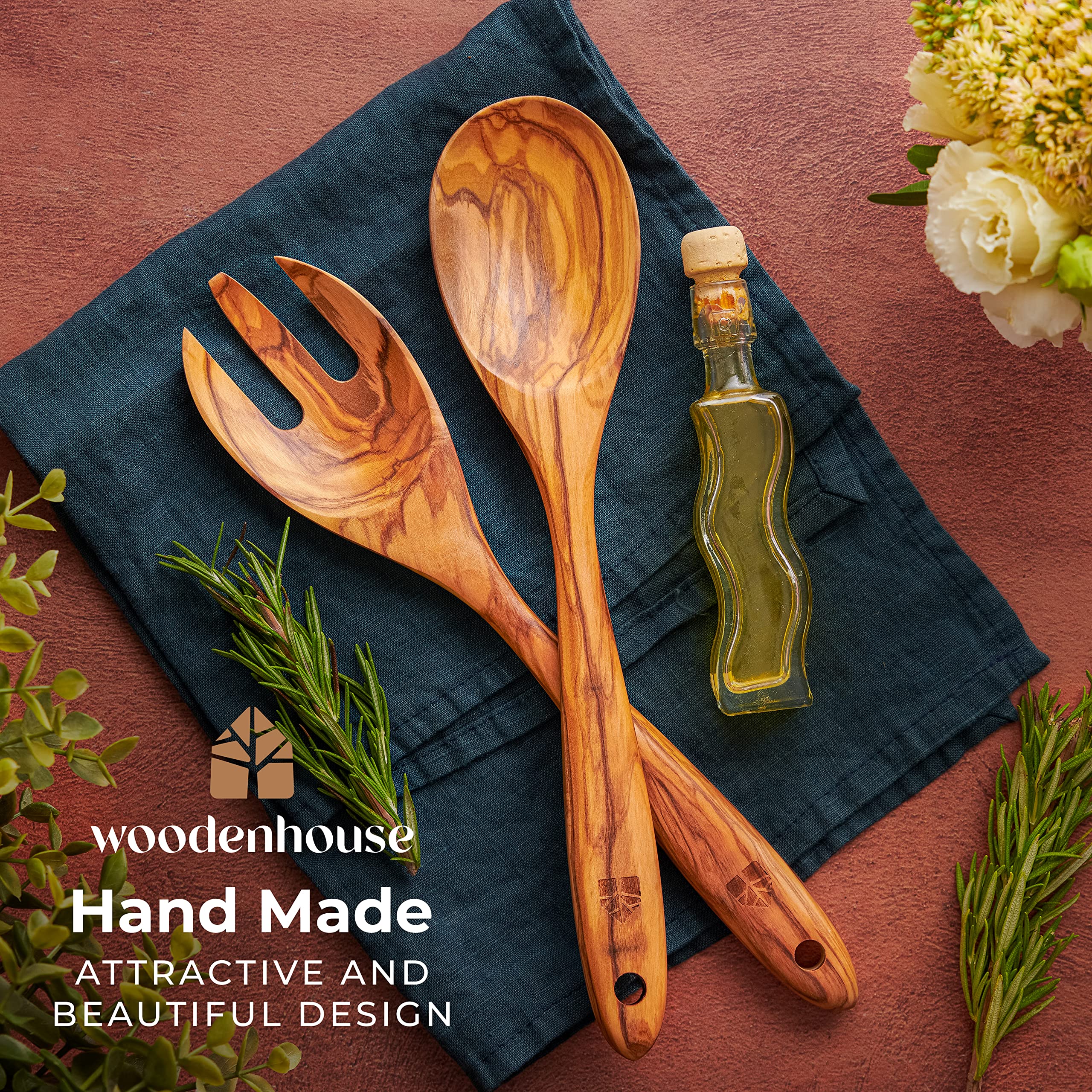 Salad Tongs for Serving, Spoon Salad Utensils Set from Olive Wood, 12 inches Wooden Fork and Spoon for Mixing, Tossing & Cooking