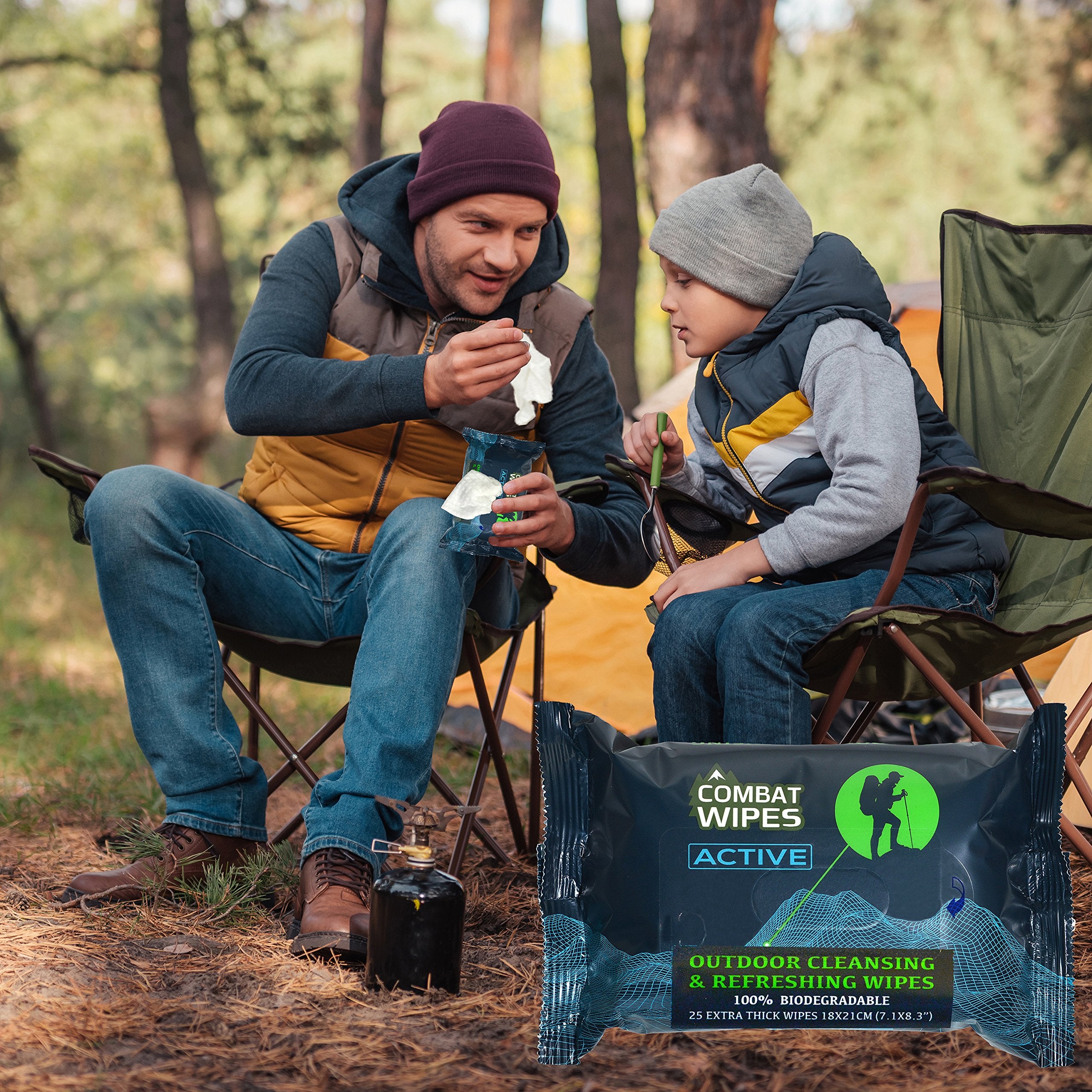 Combat Wipes ACTIVE Outdoor Wet Wipes - Extra Thick Camping Gear, Biodegradable, Body & Hand Cleansing/Refreshing Cloths for Backpacking & Gym w/Natural Aloe & Vitamin E (25 Wipes)