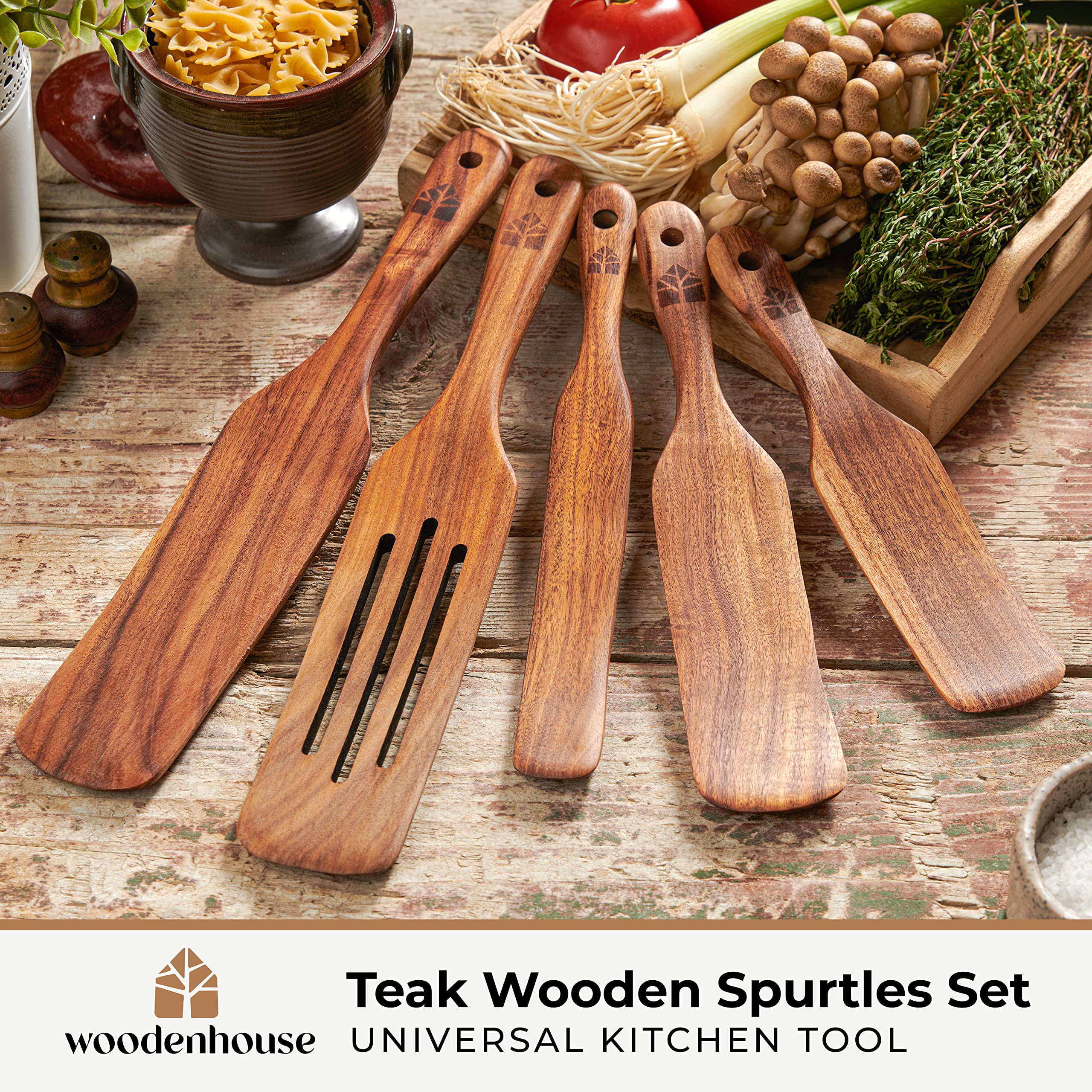 Wooden Spurtle Set, Teak Spurtles Kitchen Tools – Wooden Spatula for Cooking, Wood Utensils Set of 5 – Non Stick Cookware for Serving, Stirring, Mixing, Scraping, Scooping